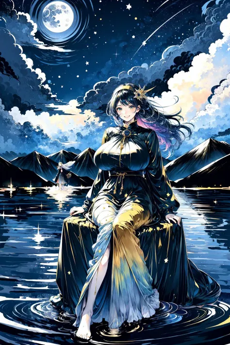 <lora:fairy tale style:0.75>, fairy tale style,
BREAK((solo, 1girl, adorable, young female,), (full body:1.4), soft light, dynamic angle, dynamic postures)
BREAK((multi-colored long dress):1.2, hairclip, hairband, hair ornament, (wet dress, wet clothes), girl sitting on a vast pond),
BREAK((happy smile, laugh),<lora:uber_saggy2:0.5>,saggy, sagging_breasts , oppai:1.25,huge breasts, curvy),
BREAK(perfect(anatomy,body,face,hand,leg,foot)),
BREAK(beautiful detailed girl, wide hips, small waist, glossy pink lips, slender figure, Milky skin, shiny skin:1.2, yellow eyes, (((long hair:1.2), (colorful gradient multi-colored black white hair), floating hair)))
BREAK(<lora:Night scene_20230715120543:0.4>, PIXIV, fantasy art, outdoors, (starry sky , stars , night):1.2, moon, (wide view, wide-angle lens)),
BREAK(<lora:more_details:0.5>, extremely detailed, CG, 8k Amazing, finely detail, (masterpiece:2.0, best quality), (intricate details, depth of field),)