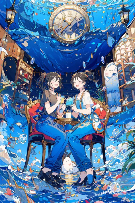 (masterpiece:1.2), best quality,PIXIV, 
fairy tale style, multiple girls, 2girls, clock, short sleeves, black hair, sitting, closed eyes, chair, long hair, plant, cup, shoes, table, dress, shirt, open mouth, black footwear, water, fish, signature, bubble, pants, wide shot, leaf, white shirt, smile, ponytail, blush, holding, black dress, medium hair, book, waves
 <lora:fairy tale style-000016:0.8>