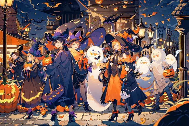(masterpiece:1.2), best quality,PIXIV, 
hat, ghost, witch hat, jack-o'-lantern, pumpkin, witch, lantern, cat, multiple others, halloween costume, food, candy, outdoors, standing, ghost costume, horns, 6+others, multiple boys, 1girl, bat (animal), holding, long sleeves, basket
 <lora:fairy tale style-000016:0.7>