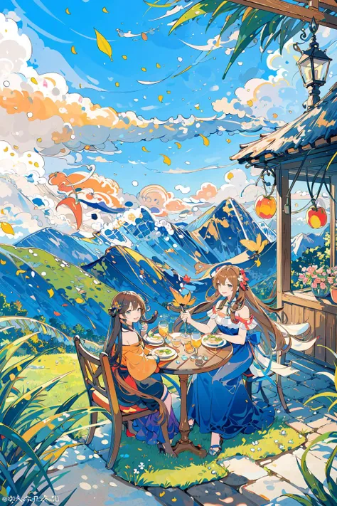 (masterpiece:1.2), best quality,PIXIV,
1girl, cloud, mountain, sky, outdoors, day, solo, flower, food, blue sky, grass, chair, plant, scenery, long hair, leaf, table, fruit, sitting, from above, smile, tree, dress
<lora:fairy tale style-000016:0.7>