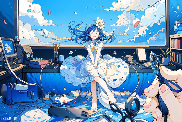 (masterpiece:1.2), best quality,PIXIV,
fairy tale style, 1girl, flower, long hair, blue hair, dress, scissors, open mouth, >_<, holding, closed eyes, phone, monitor, barefoot, plant, short sleeves, solo
<lora:fairy tale style-000016:0.8>