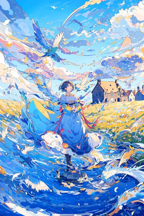 (masterpiece:1.2), best quality,PIXIV,
fairy tale style, 1girl, cloud, solo, dress, scenery, sky, bird, grass, water, short hair, building, outdoors, signature, wide shot, cloudy sky, house, wings, from above
<lora:fairy tale style-000016:0.7>
