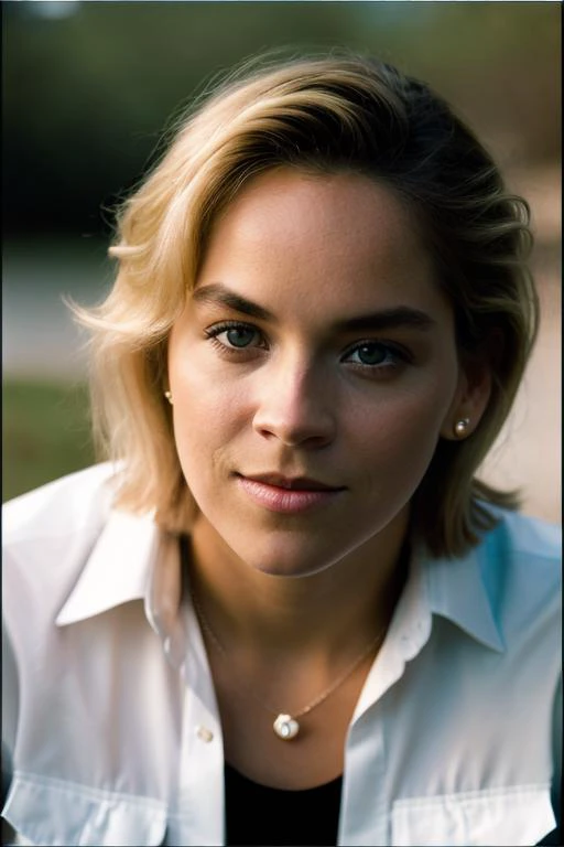 closeup headshot of (CTI_moniqu3vand3v3n:0.99), (blouse and trousers), flirtatious expression, (short blonde hair), black-eyeshadow, (beautiful natural soft light), shallow depth of field, vignette, epic, gorgeous, film grain