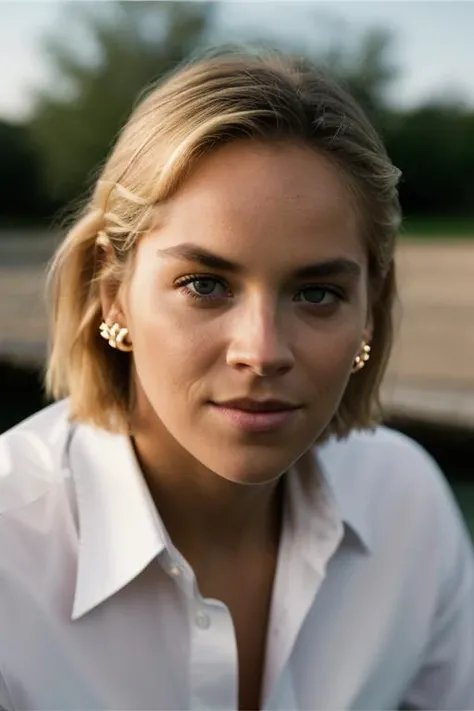 Realistic photo of a beautiful sh4r0ns-v2 woman, 1girl, solo, looking at viewer, short hair, (((blonde hair))), shirt, long sleeves, jewelry, white shirt, upper body, earrings, blurry, lips, head rest, realistic, nose, soft lighting, professional Photography, Photorealistic, detailed, RAW, analog, sharp focus, 8k, HD, DSLR, high quality, Fujifilm XT3, film grain, award winning, masterpiece<lora:sh4r0ns-v2:1.0>