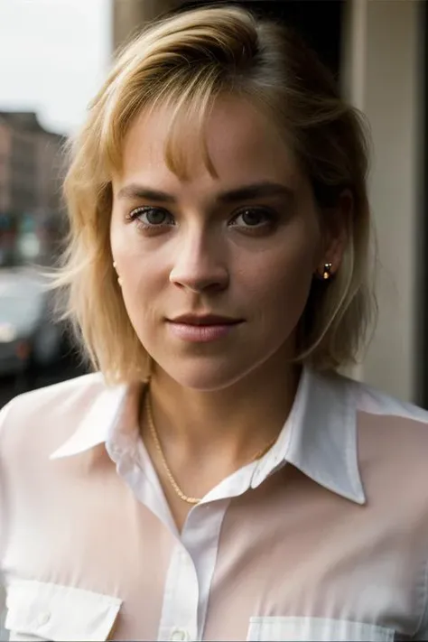 Realistic photo of a beautiful sh4r0ns-v2 woman, 1girl, solo, looking at viewer, short hair, (((blonde hair))), shirt, long sleeves, jewelry, white shirt, upper body, earrings, blurry, lips, head rest, realistic, nose, soft lighting, professional Photography, Photorealistic, detailed, RAW, analog, sharp focus, 8k, HD, DSLR, high quality, Fujifilm XT3, film grain, award winning, masterpiece<lora:sh4r0ns-v2:1.0>