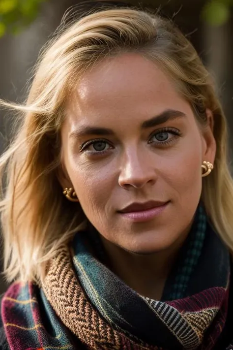 Realistic photo of a beautiful sh4r0ns-v2 woman, 1girl, solo, looking at viewer, short hair, (((blonde hair))), brown eyes, jewelry, upper body, earrings, parted lips, scarf, lips, portrait, red scarf, realistic, soft lighting, professional Photography, Photorealistic, detailed, RAW, analog, sharp focus, 8k, HD, DSLR, high quality, Fujifilm XT3, film grain, award winning, masterpiece<lora:sh4r0ns-v2:1.0>