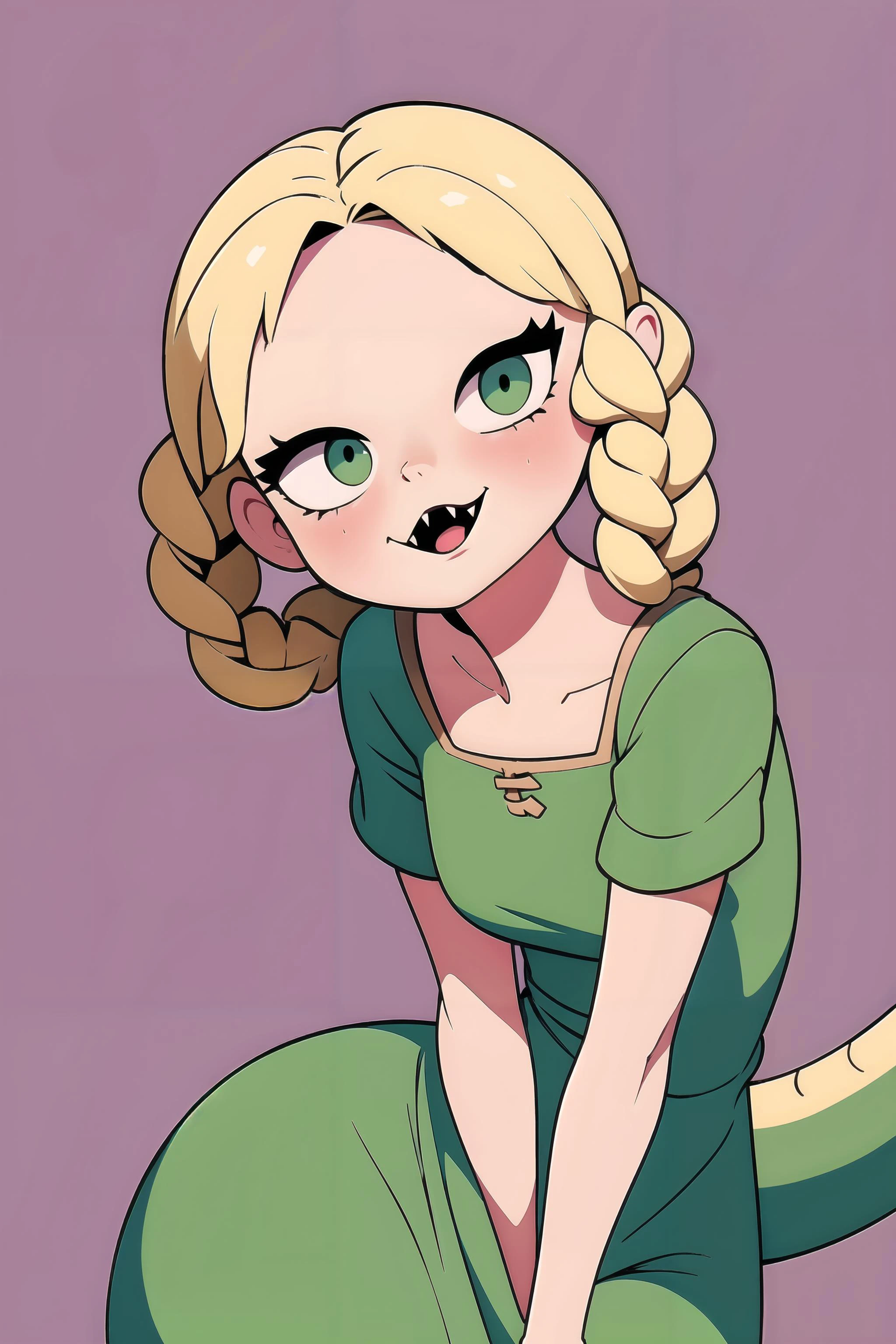 <lora:RyaZorayas-10v6:0.8> Rya, twin braids, blonde hair, green eyes, long green dress, (wearing big lizard tail), soft lighting, soft gaze, fangs, blushing, pale face, Vivid colors, Clean lines, Sharp edges, Minimalist, Precise geometry, Simplistic, Smooth curves, Bold outlines, Crisp shapes, Flat colors, Illustration art piece, High contrast shadows, Technical illustration, Graphic design,