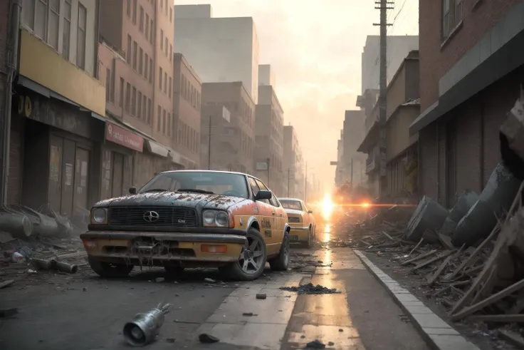 one large illuminated nuclear blast with shockwave,photo of a filthy post-apocalyptic street, Burnt out and dilapidated buildings,abandoned cars, trash on the sidewalk (highly detailed:1.2),(best quality:1.2),(8k:1.2),sharp focus,(subsurface scattering:1.1),award-winning photograph,professional portrait photography (very detailed background:1.2),dramatic lighting,35mm,detailed concept art
