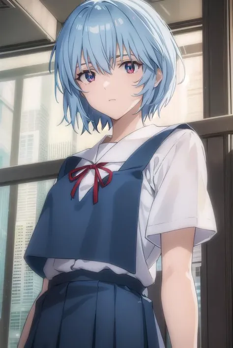 reiayanami, <lora:rei ayanami rebuild-lora-nochekaiser:1>, 
rei ayanami, (ayanami rei:1.2), blue hair, short hair, (red eyes:1.2),
BREAK skirt, shirt, ribbon, (school uniform:1.5), white shirt, short sleeves, red ribbon, neck ribbon, (tokyo-3 middle school uniform:1.5),
BREAK indoors, classroom,
BREAK looking at viewer, (cowboy shot:1.5),
BREAK <lyco:GoodHands-beta2:1>, (masterpiece:1.2), best quality, high resolution, unity 8k wallpaper, (illustration:0.8), (beautiful detailed eyes:1.6), extremely detailed face, perfect lighting, extremely detailed CG, (perfect hands, perfect anatomy),