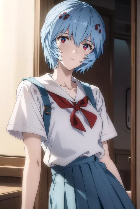 reiayanami, <lora:rei ayanami rebuild-lora-nochekaiser:1>,
rei ayanami, (ayanami rei:1.5), blue hair, short hair, (red eyes:1.2),
BREAK skirt, shirt, ribbon, (school uniform:1.5), white shirt, short sleeves, red ribbon, neck ribbon, (tokyo-3 middle school uniform:1.5),
BREAK indoors, classroom,
BREAK looking at viewer, (cowboy shot:1.5),
BREAK <lyco:GoodHands-beta2:1>, (masterpiece:1.2), best quality, high resolution, unity 8k wallpaper, (illustration:0.8), (beautiful detailed eyes:1.6), extremely detailed face, perfect lighting, extremely detailed CG, (perfect hands, perfect anatomy),