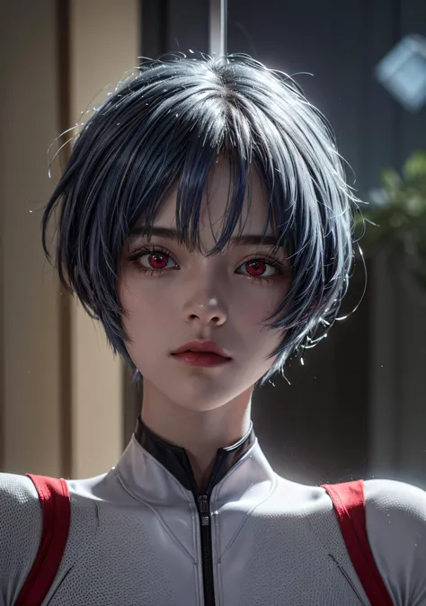 a teen girl, rei ayanami, (ayanami rei:1.2), blue hair, short hair, (red eyes:1.3),bodysuit, headgear, plugsuit, white bodysuit, realistic, 4k, photorealistic, best quality, laboratory, dramatic lights, ALOECRAPART-1000, ray tracing,detail shadow,shot on Fujifilm X-T4,85mm,f1.2,sharp focus,depth of field,blurry background,bokeh,lens flare <lora:add_detail:1> <lora:reiayanami-lora-nochekaiser:1>