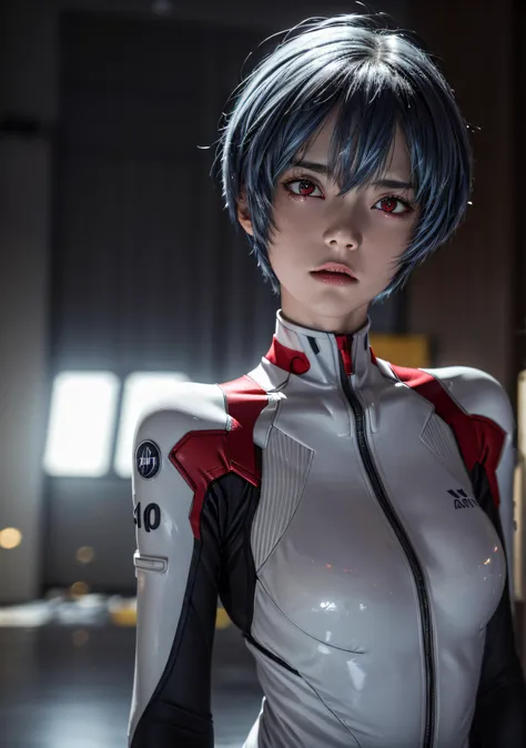 (Best quality at best, Colorful, dynamic angle, highest details)(ayanami rei), Denim style, Fashion photo of sexy blue-haired girl (ayanami rei), detailed red eyes, Shin Evangelion'White suit details (high resolution texture), dynamicposes, bokeh, (Complicated details, hyper-detailing:1.15), Detailed pubic hair, Sunlight shines through the hair, Colorful splash art background, (hight contrast, Neon Genesis Evangelion New Theatrical Version Official Art Picture, The content is very detailed, highest details),
