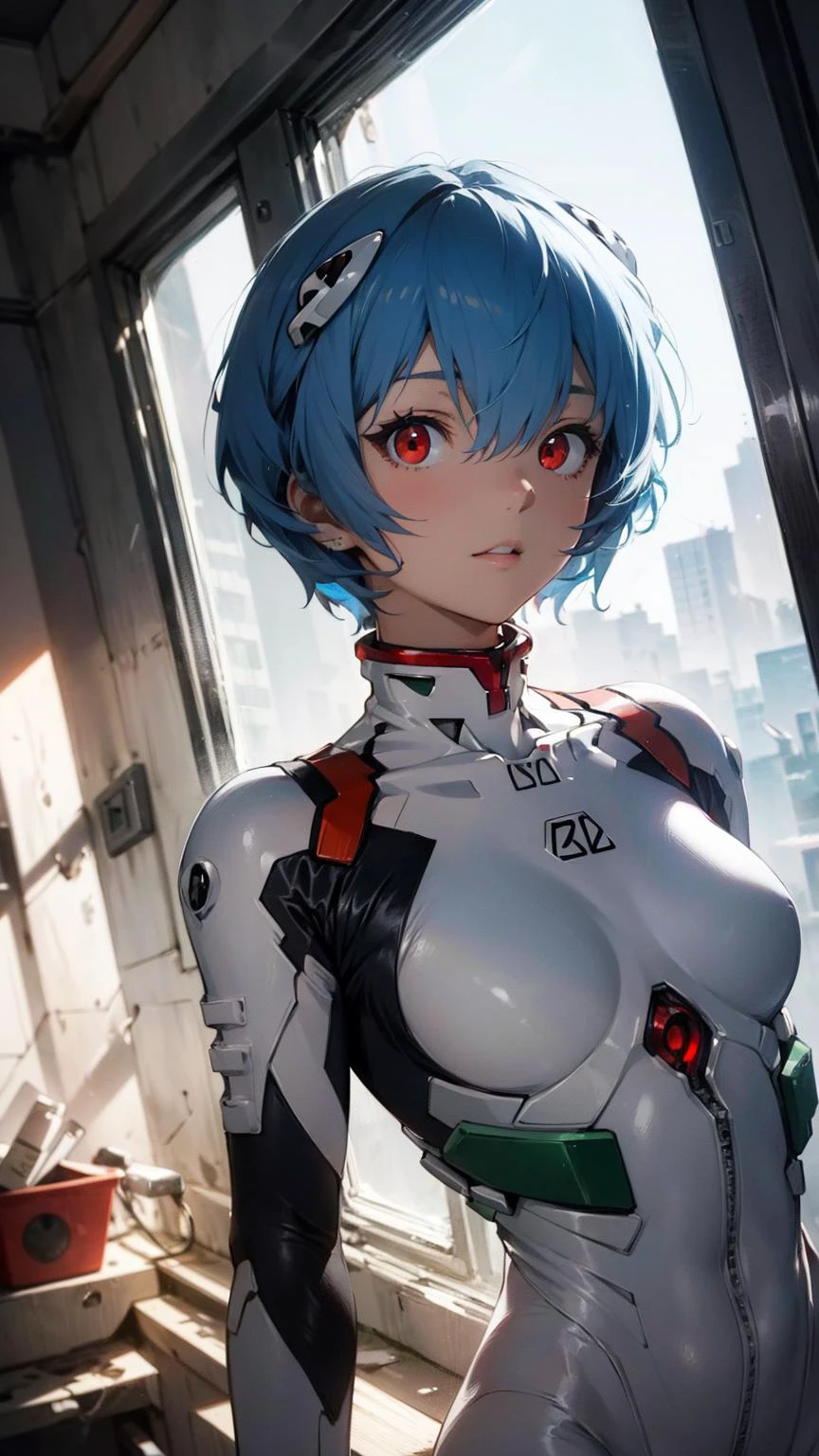 <lora:reiayanamitest:1> rei ayanami, blue hair, short hair, (red eyes:1.5), bodysuit, headgear, plugsuit, white bodysuit, looking out large glass window at a ruined tokyo city, hang against glass window,