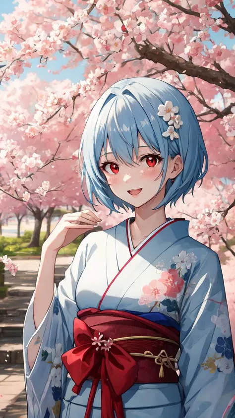 lumen reflections, natural lighting, evocative, triadic color scheme, cowboy shot, elegant, voluptuous:0.6, looking at viewer, 1girl, female, solo, blush, open mouth, smile, teeth, sfw, <lora:reiayanamitest:1>, rei ayanami, blue hair, short hair, (red eyes:1.5), headgear, white headgear, kimono, blue and white kimono, design, floral design, floral design on kimono, cherry blossom tree scenery
