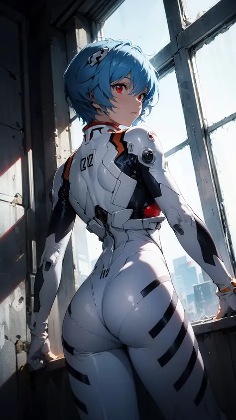 <lora:reiayanamitest:1> rei ayanami, blue hair, short hair, (red eyes:1.5), bodysuit, headgear, plugsuit, white bodysuit, looking out large glass window at a ruined tokyo city, hand against glass window, from behind,