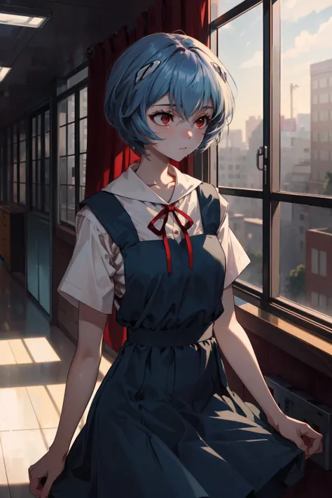 masterpiece,best quality,1girl,rei ayanami,blue hair,short hair,red eyes,blue dress,dress,neck ribbon,pinafore dress,red ribbon,ribbon,school uniform,short sleeves,short-sleeved sweater,sweater,expressionless,(looking away:1.5),window,school corridor,<lora:reiayanamitest:1>,