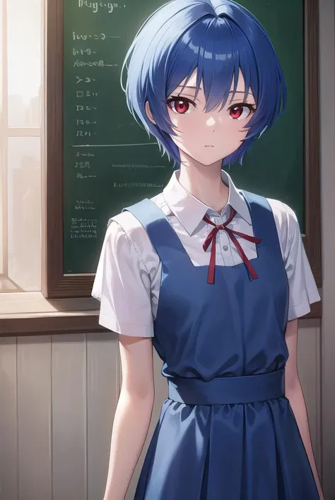 reiayanami, <lora:reiayanami-lora-nochekaiser:1>,
rei ayanami, blue hair, short hair, (red eyes:1.5), (small breast:1.2),
BREAK blue dress, dress, neck ribbon, pinafore dress, red ribbon, ribbon, school uniform, short sleeves, short-sleeved sweater, sweater,
BREAK indoors, classroom,
BREAK looking at viewer, (cowboy shot:1.5),
BREAK <lyco:GoodHands-beta2:1>, (masterpiece:1.2), best quality, high resolution, unity 8k wallpaper, (illustration:0.8), (beautiful detailed eyes:1.6), extremely detailed face, perfect lighting, extremely detailed CG, (perfect hands, perfect anatomy),