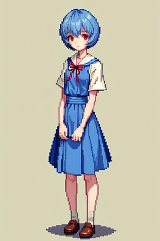 (masterpiece, top quality, best quality), pixel,pixel art,1girl,full body,
<lora:pixel_f2:0.5> <lora:reiayanamitest:1> rei ayanami, blue hair, short hair, (red eyes:1.5), blue dress, dress, neck ribbon, pinafore dress, red ribbon, ribbon, school uniform,