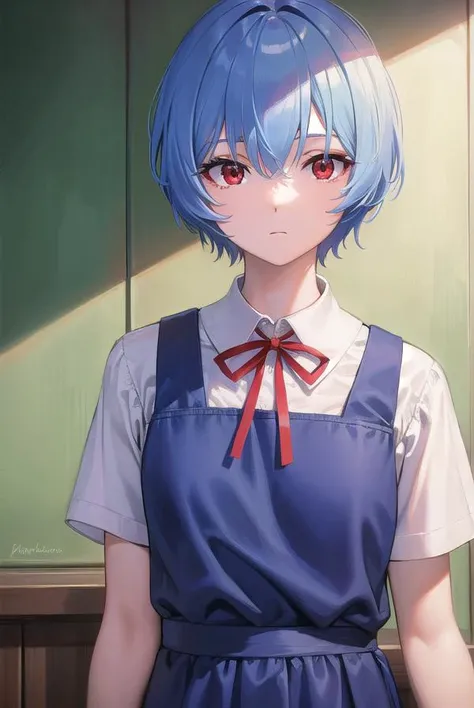 reiayanami, <lora:reiayanami-lora-nochekaiser:1>,
rei ayanami, blue hair, short hair, (red eyes:1.5), (small breast:1.2),
BREAK blue dress, dress, neck ribbon, pinafore dress, red ribbon, ribbon, school uniform, short sleeves, short-sleeved sweater, sweater,
BREAK indoors, classroom,
BREAK looking at viewer, (cowboy shot:1.5),
BREAK <lyco:GoodHands-beta2:1>, (masterpiece:1.2), best quality, high resolution, unity 8k wallpaper, (illustration:0.8), (beautiful detailed eyes:1.6), extremely detailed face, perfect lighting, extremely detailed CG, (perfect hands, perfect anatomy),
