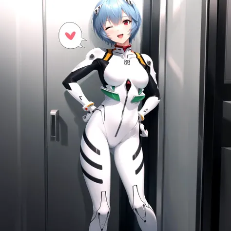 best quality, detailed, masterpiece, 1girl, rei ayanami, blue hair, short hair, (red eyes:1.5), bodysuit, headgear, plugsuit, white bodysuit, full body, wink, one eye closed, spoken heart, hands on hips, head tilt, happy, open mouth, inside elevator, <lora:reiayanamitest:1>