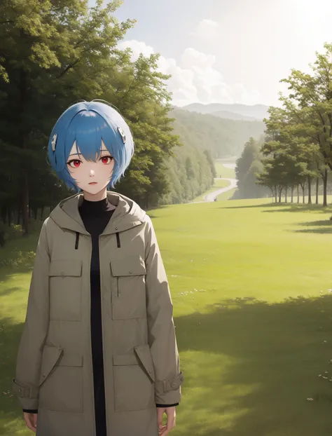 (best quality), highres, <lora:add_detail:-0.6>, <lora:reiayanamitest:1> rei ayanami, blue hair, short hair, (red eyes:1.5), grass field, coat,