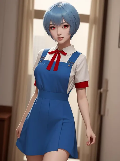 masterpiece, best quality, ultra-detailed, ultra high res, (1girl, solo, beautiful face), breasts, thighs, <lora:reiayanamitest:0.7>, rei ayanami, blue hair, short hair, (red eyes:1.5), blue dress, dress, neck ribbon, pinafore dress, red ribbon, ribbon, school uniform, short sleeves, short-sleeved sweater, sweater,