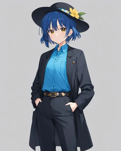 breathtaking,yamada_ryo,1girl, solo, hat, black_pants, black_headwear, looking_at_viewer, flower, simple_background, collared_shirt, closed_mouth, hairclip, grey_background, long_sleeves, black_coat, floral_print, hands_in_pockets, open_coat, blue_shirt, hand_in_pocket, belt, expressionless
<lora:yamada_ryo_image1086_2023-11-22:1>. . gorgeous,key visual, vibrant, studio anime,award-winning, professional, highly detailed,high budget, cinemascope