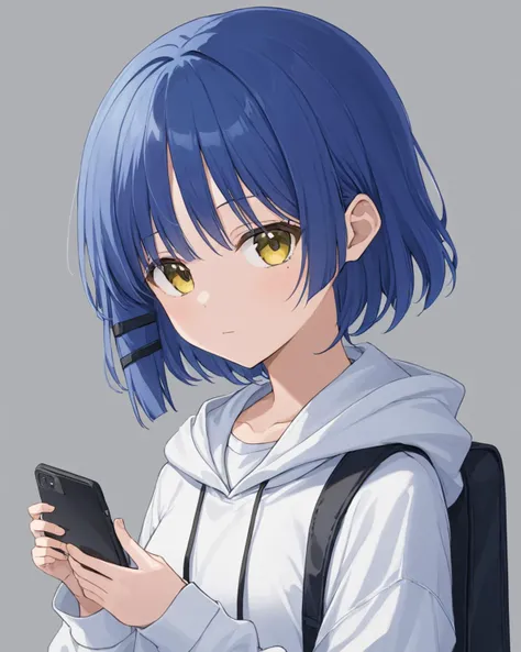 yamada_ryo,1girl, solo, mole_under_eye, holding_phone, simple_background, hoodie, instrument_case, closed_mouth, collared_shirt, long_sleeves, hairclip, white_shirt, grey_background, looking_at_viewer, smartphone, upper_body, hood_down
<lora:yamada_ryo_image1086_2023-11-22:1>. gorgeous,key visual, vibrant, studio anime,award-winning, professional, highly detailed,high budget, cinemascope