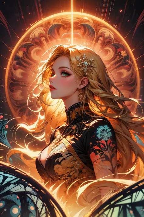 (masterpiece, top quality, best quality, official art, beautiful and aesthetic:1.1), 1girl, extreme detailed, (fractal art:1.2), colorful, highest detailed, blonde hair, long hair, mid parted hair