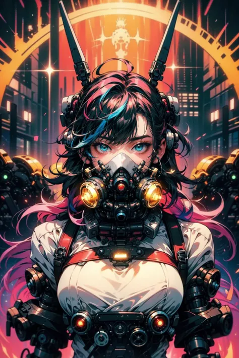 (upper body:1.2), (colorful:2.0), (glowing:1.4),(surreal:1.8), (looking at viewer:1.2), (psychedelic:1.5),BREAK,
(female:1.2), (psycho:1.2),  (crazy:1.2), (long hair:1.2), (windy:1.0), (messy hair:1.2), (mechanical neck:1.5),  (cyborg:1.2), BREAK,
techpunkmask, <lora:techpunkmask_v0.5:0.7>, BREAK,
(masterpiece:1.4), (beautiful and aesthetic:1.4)