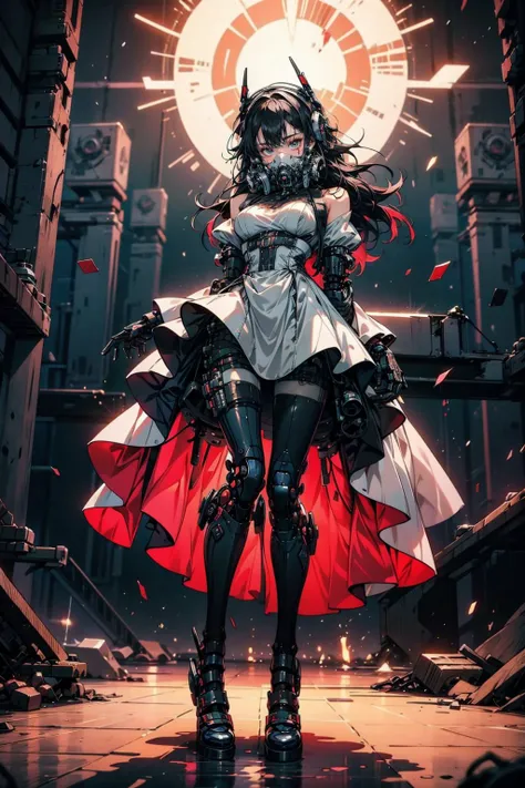 (science fiction:1.2), (full body:1.0), (cyberpunk:1.0), (victorian:1.0), (dynamic pose:1.1), (from below:1.0), BREAK,
(female cyborg:1.2), (solo:1.2), (frilled white dress:1.4), (mechanical legs:1.3), (mechanical arms:1.2), (puffy dress:1.0), (long hair:1.0), (colored hair:1.0), (blood:1.2), BREAK,
techpunkmask, <lora:techpunkmask_v0.5:0.8>, BREAK,
(outdoors:1.0), (battleground:1.2), (night:1.2), (dark:1.2), (debris:1.2), BREAK,
(masterpiece:1.5), (intricate:1.2), (detailed:1.2),