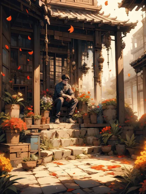 (masterpiece, top quality, best quality, beautiful and aesthetic:1.2),1boy,handsome young adult manly man,extremely detailed,exaggerated,(petals, flowers:1.3),dramatic pose,xuer house,<lora:xuer house_20231229020728:0.8>,fullbody,wide angle,outdoors,