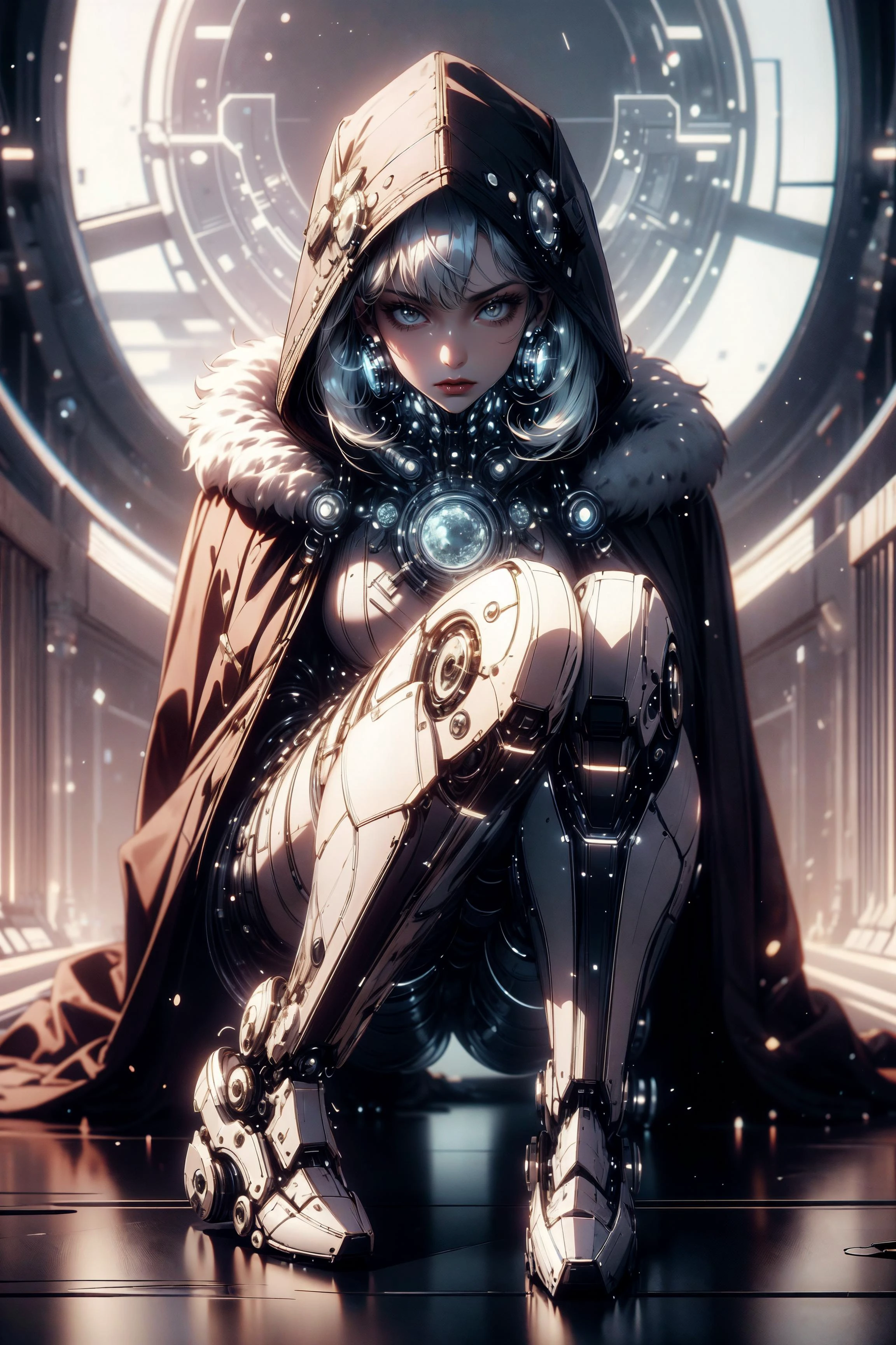 (masterpiece:1.1), (best quality:1.1), (vibrant colors:1.2), BREAK,
(esoteric:1.2), (dieselpunk:1.1), (scifi:1.1), BREAK,
(solo:1.2), (dynamic angle:1.0), (1girl:1.1), (cloak:1.0), (hood:1.0), (mechanical legs:1.1), (looking at viewer:1.0), (ledarraytech:1.0), (frostedstyle:1.1), <lora:LEDarrayTech-20:1.1>, <lora:frosted-style-richy-v1:0.6>,