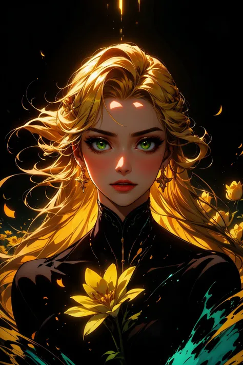 best quality, masterpiece, photorealistic, ultrarealistic, moody lighting,   abstract art, 1 girl, beautiful, visually stunning, elegant, incredible details, yellow theme, simple black background, yellow flowers, award-winning painting, blonde hair, long hair, green eyes, pxint, ecstatic, opalescent, splashes of gold and yellow, abstract, the background is decorated with yellow flowers in a swirly abstract fashion, fantasy, radiance  <lora:styles\AbstractPortrait_50_R:0.8>