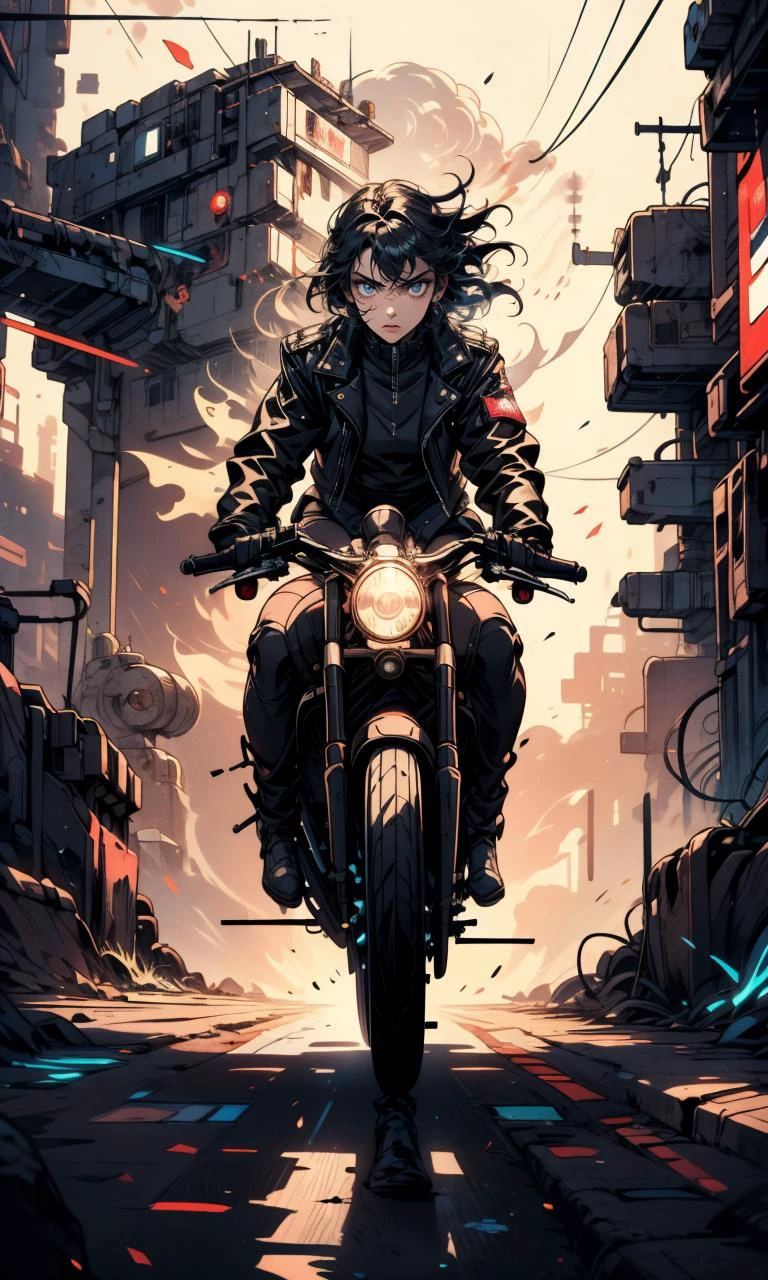 Masterpiece, high quality, 1girl, beautiful girl wearing leather jacket, masterpiece, detailed face, riding a white bike, Hand drawn, full body, Graphic design, Vector graphics, High contrast, Linear compositions, Digital art, cinematic, Sharp focus, big depth of field, Vivid colors, dramatic <lora:EF-riding_a:0.25> riding a <lora:EF-LoHa_SuperBikeV2:0.25> sprbk <lora:EF-Painted_poster_V1:0.5> Painted poster , movie stills, image border <lora:tangbohu-detailmaker_v2.5:0.25>, from front, facing viewer, goggles, sense of speed, motion lines, motion blur, <lora:CL-cyberpunk:0.5> cyberpunk<lora:EF-GoodHands-beta2:0.5><lora:EF-GoodHands-beta2:0.5><lora:EF-GoodHands-beta2:0.5>