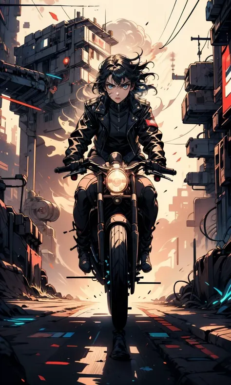 Masterpiece, high quality, 1girl, beautiful girl wearing leather jacket, masterpiece, detailed face, riding a white bike, Hand drawn,  full body, Graphic design, Vector graphics, High contrast, Linear compositions, Digital art, cinematic, Sharp focus,  big depth of field,  Vivid colors, dramatic <lora:EF-riding_a:0.25> riding a <lora:EF-LoHa_SuperBikeV2:0.25> sprbk <lora:EF-Painted_poster_V1:0.5> Painted poster , movie stills, image border <lora:tangbohu-detailmaker_v2.5:0.25>, from front, facing viewer, goggles, sense of speed, motion lines, motion blur,  <lora:CL-cyberpunk:0.5> cyberpunk<lora:EF-GoodHands-beta2:0.5><lora:EF-GoodHands-beta2:0.5><lora:EF-GoodHands-beta2:0.5>