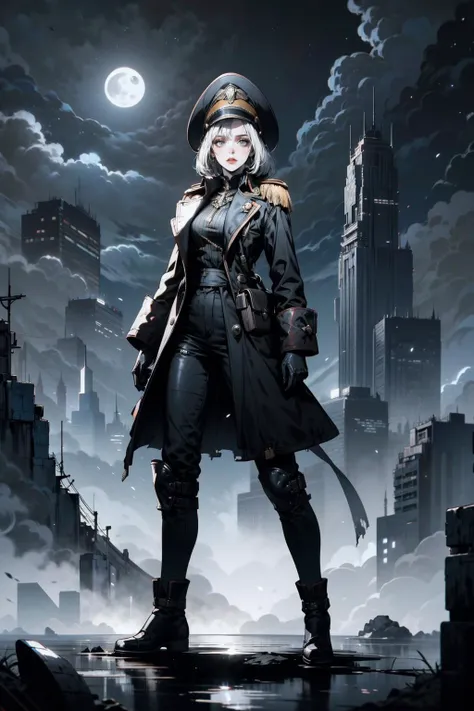 (masterpiece:1.1), (best quality:1.1), (monochrome:1.2), (black and white:1.2), BREAK,
(gloomy:1.0), (futuristic:1.1), BREAK,
(solo:1.2), (dynamic angle:1.0), (full body:1.0), (girl:1.1), (white hair:1.0), (hat:1.0), (gloves:1.0), (edgCommissar:1.1), (millitary uniform:1.0), (empty hands:1.0), <lora:edgWar40kCommissarv1:1.0>, BREAK,
(night:1.0), (moonlight:1.0), (post-apoc:1.0), (ruined_cityscape:1.0), (postapoc_scenery:1.0), (fog:1.0), <lora:ApocalypseEngine:0.4>