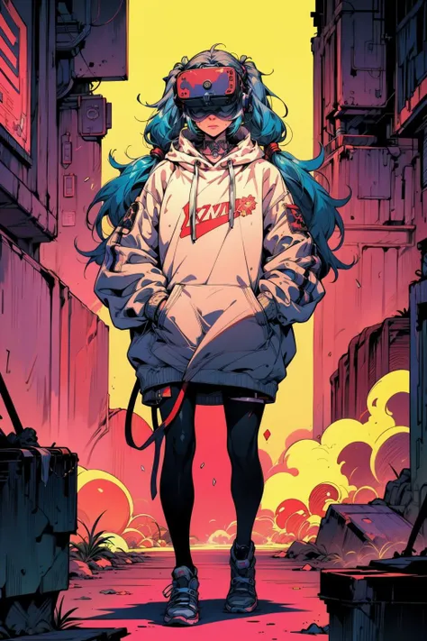 (masterpiece:1.4), (beautiful and aesthetic:1.4), (intricate:1.2), (detailed:1.2), (vibrant colors:1.2), BREAK,
(cyberpunk:1.2), (full body:1.0), BREAK,
(punk girl:1.2), (oversized hoodie:1.1), (pantyhose:1.0), (twintails:1.2), (long hair:1.2), (vr headset covering eyes:1.1), (hands in pockets:1.0), (Cyberpunk_Anime:1.0), <lora:Cyberpunk_Anime-10:0.8>