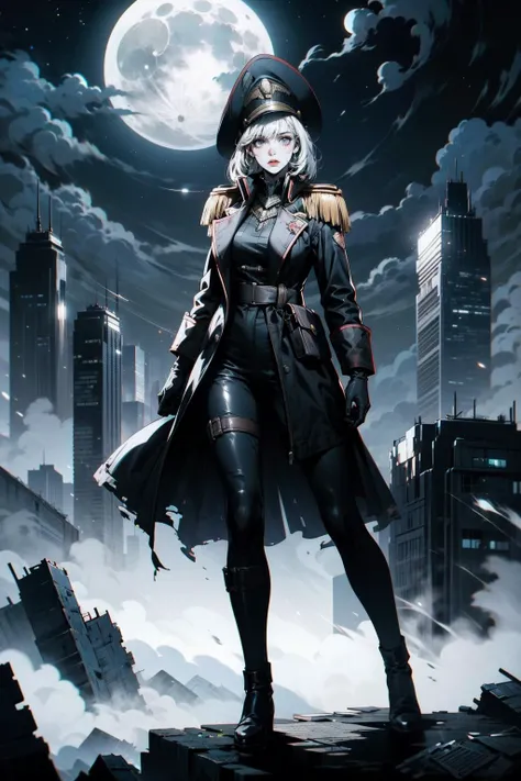 (masterpiece:1.1), (best quality:1.1), (monochrome:1.2), (black and white:1.2), BREAK,
(gloomy:1.0), (futuristic:1.1), BREAK,
(solo:1.2), (dynamic angle:1.0), (full body:1.0), (girl:1.1), (white hair:1.0), (hat:1.0), (gloves:1.0), (edgCommissar:1.1), (millitary uniform:1.0), (empty hands:1.0), <lora:edgWar40kCommissarv1:1.0>, BREAK,
(night:1.0), (moonlight:1.0), (post-apoc:1.0), (ruined_cityscape:1.0), (postapoc_scenery:1.0), (fog:1.0), <lora:ApocalypseEngine:0.4>
