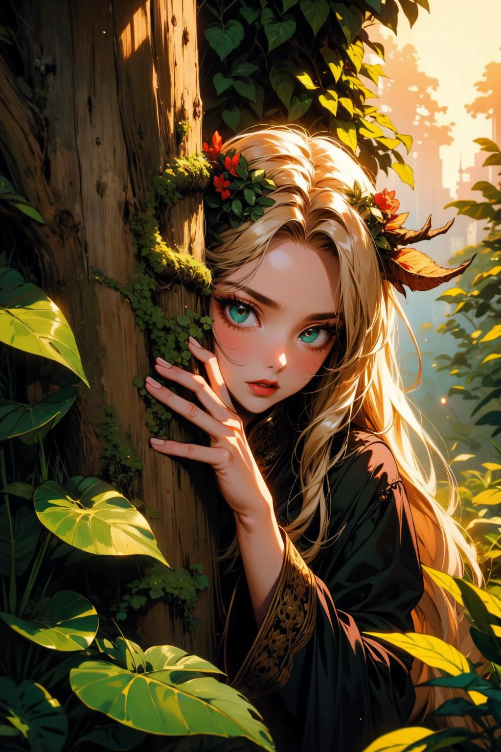 (masterpiece:1.4), (intricate:1.2), (detailed:1.2), (vibrant colors:1.2), BREAK,
(fantasy:1.1),BREAK,
(female faun:1.2), (adorable:1.0), (cute:1.0), (embarrassed:1.0), (shy:1.0), (curious:1.0), (hiding:1.0), (behind a tree:1.0), (peeking out:1.2), <lora:peeking_out_upper_body_pruned:1.0>, BREAK,
(luscious forest:1.0), (verdant:1.0), (ivy:1.0), (enchanted:1.1), (vegetation:1.0), (dusk:1.0), (greenery:1.0)