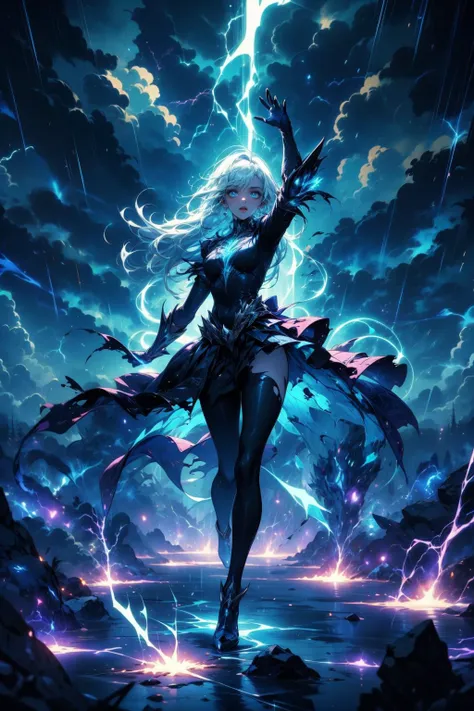 (masterpiece:1.4), (intricate:1.2), (detailed:1.2), (vibrant colors:1.2), BREAK,
(supernatural:1.2), (glowing:1.0), (dynamic pose:1.2), (full body:1.0), (dark blue theme:1.2), BREAK,
(magical girl:1.2), (solo:1.2), (long hair:1.0), (white hair:1.2), (dark draped clothing:1.1), (rags:1.1), (torn clothes:1.1), (glowing blue eyes:1.0), (engulfed in magic:1.2), <lora:ThunderMagic-22:0.6>, BREAK,
(fractured ground:1.2), (thunder magic:1.2), (lighting:1.0), (storm clouds:1.2), (blue energy:1.2), (flowing energy:1.2), (windy:1.0)