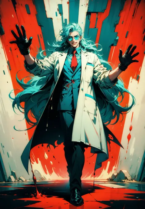 high quality, ((best quality)) male, (long hair), (cyan hair color) (glasses), feminine male, doctor, surgeon, insane, mad scientist, insane, big smile, drool, (drooling), skinny, thin, weak, black gloves, white lab coat, flamboyant, blood, dripping blood, gore, full body, RETRO ART STYLE, NEON_POP ART STYLE, ART STYLE, cyberpunk, cyber