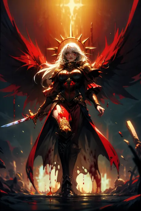 (epic:1.2), (fantasy:1.2), (horror:1.2), (eerie:1.2), (from below:1.2), (looking at viewer:1.2), (full body:1.0), BREAK,
(iron halo:1.0), (blessed:1.0), (translucent wings:1.2), (celestine:1.0), (sword:1.0), <lora:Saint Celestine MK1 by CARAXES:0.7>, (drenched in blood:1.2), (long white hair:1.0), (dripping blood:1.2), BREAK,
(night:1.2), (dark:1.2), (creepy:1.2), (crimson red:1.3), (blood:1.2), BREAK,
(masterpiece:1.5), (intricate:1.2), (detailed:1.2),