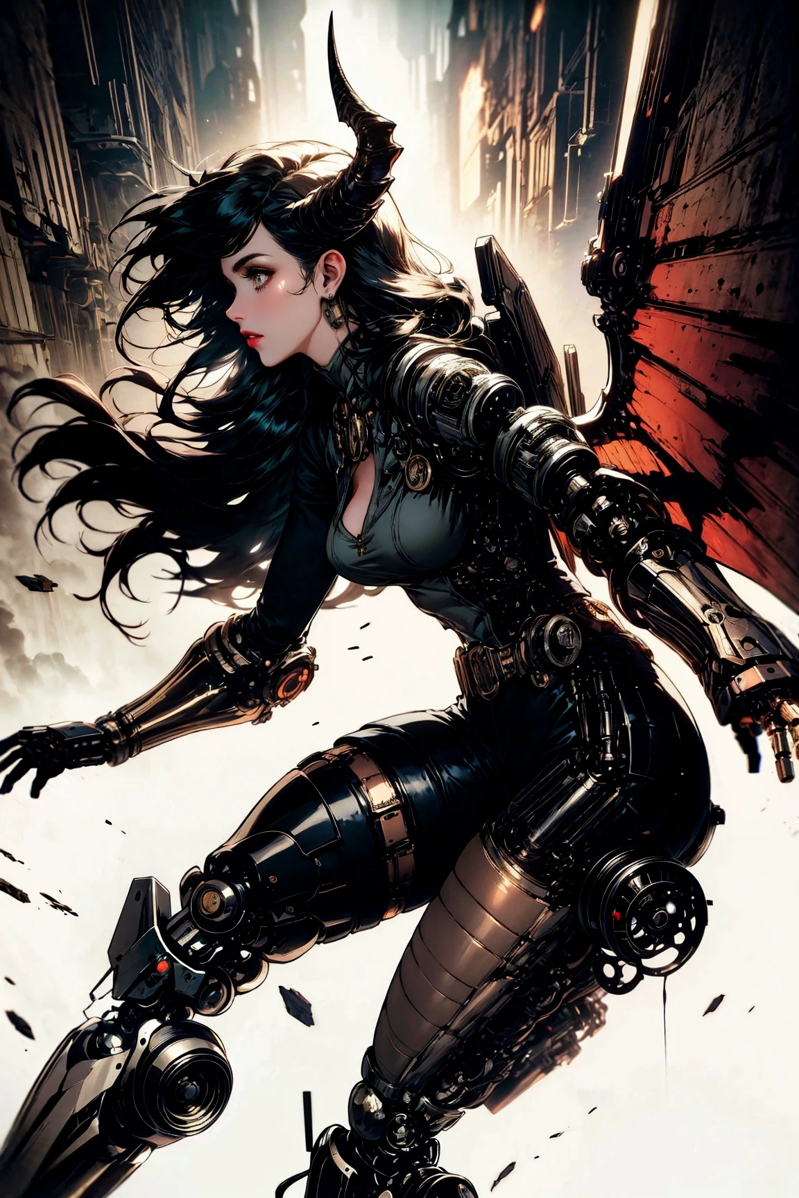 (masterpiece, best quality, detailed, limited palette), occult, (dieselpunk), steampunk, baroque, (dark), (solo), profile, (dynamic angle), demon girl, demon horns, android, (mechanical legs), prosthetic torso, (prosthetic limbs), <lora:Horror_Ink_Style-000008:0.7>