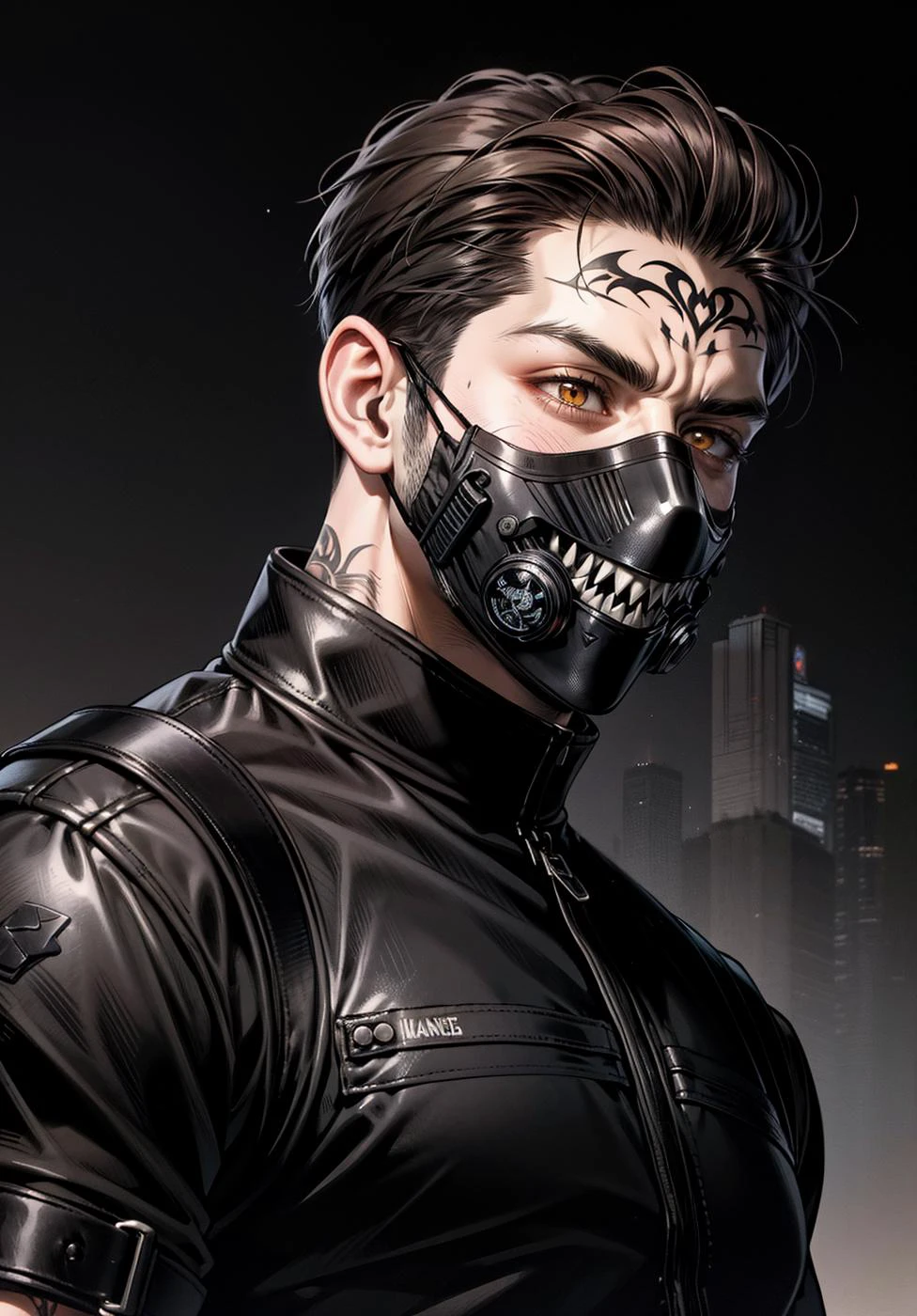 masterpiece, best quality, 1man, dark theme, (dark brown miltary hair cut), very big and very muscular male, very buff, tattoos, black tactical gear, (all black special ops uniform:1), black miltary uniform, ((face masks, covered mouth, black leather, sharp teeth)), urban street wear, stoic, deep orange eyes, dark background
