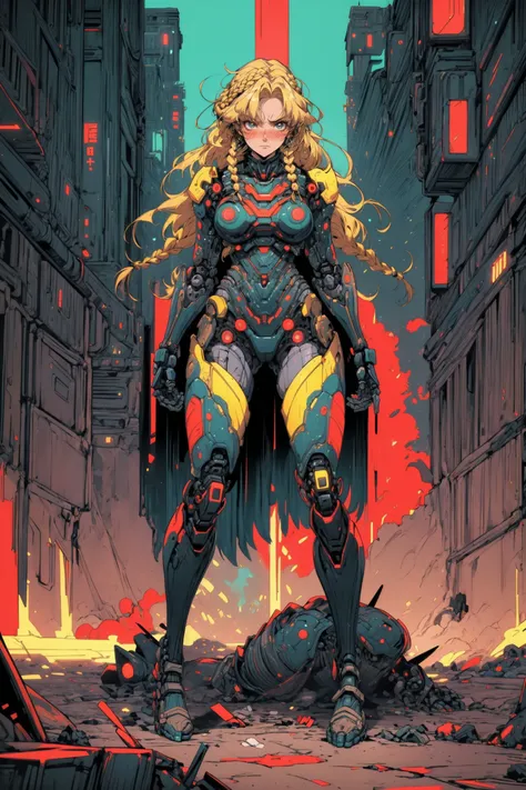 (masterpiece, best quality, detailed, vibrant colors, fluorescent), horror, biopunk, (classical), anime, (solo), woman, (dynamic pose), (robot arms), robot legs, golden armor, braids, braided hair, blonde, injured, hurt, Cyberpunk_Anime, d4rk4rt artstyle, <lora:Cyberpunk_Anime-10:0.6> <lora:Dark_Art:0.6>