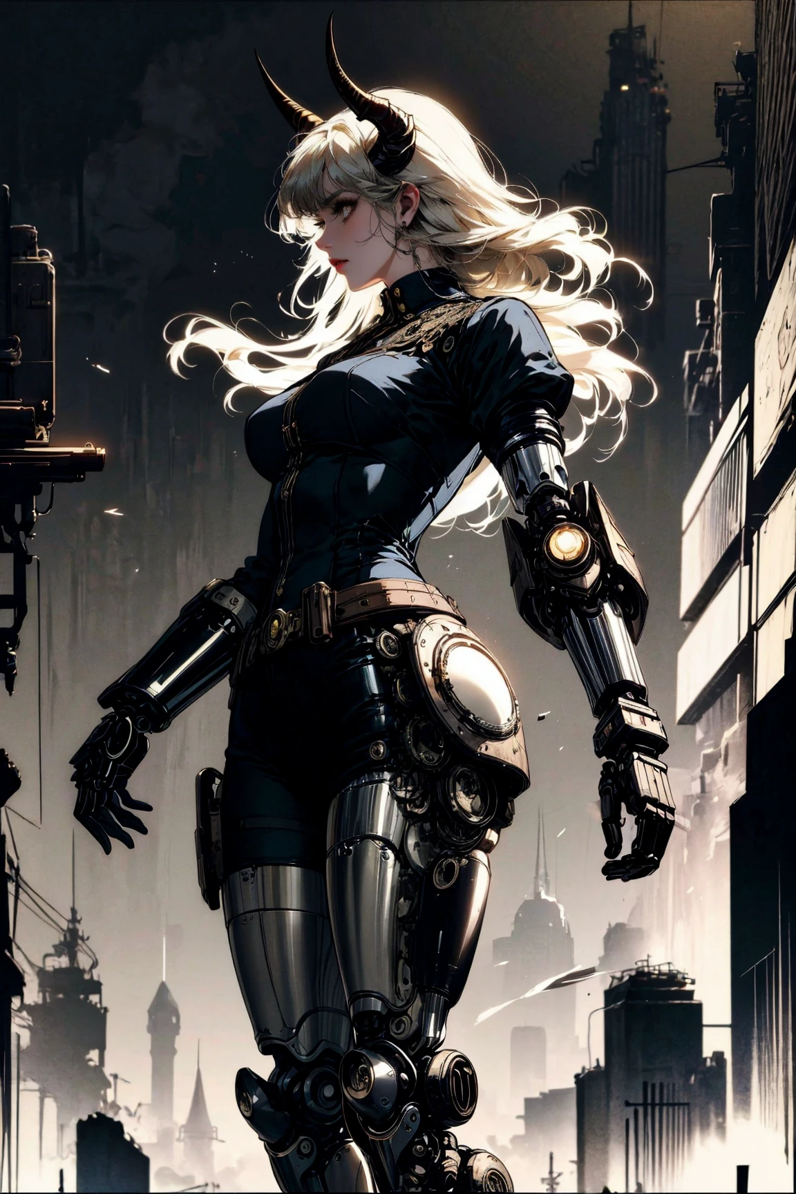 (masterpiece, best quality, detailed, limited palette), occult, (dieselpunk), steampunk, baroque, (dark), (solo), profile, (dynamic angle), demon girl, demon horns, android, (mechanical legs), prosthetic torso, (prosthetic limbs), <lora:Horror_Ink_Style-000008:0.7>
