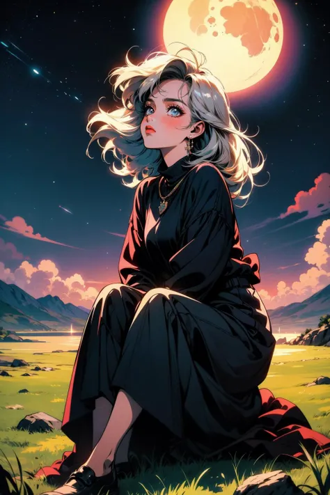 (sitting on the grass:1.2), (looking up at the night sky:1.2), (full body:1.2), (retro style:1.2), BREAK,
(1girl:1.2), (solo:1.0), (lonely:1.0), (sad expression:1.2), (heartbroken:1.2), (romantic:1.0), (nostalgia:1.2), (innocence:1.0), (young lady:1.0), BREAK
(vibrant colors:1.2), (at night:1.0), (moon rays:1.0), BREAK,
(masterpiece:1.2),  (beautiful and aesthetic:1.4), (extreme resolution:1.2), (highly intricate:1.2), (studio quality:1.2), (extremely detailed:1.2)