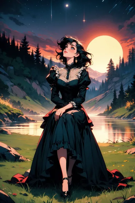 (sitting on grass:1.2), (looking up at the night sky:1.2), (full body:1.2), (retro style:1.2), BREAK,
(victorian style:1.2), (frilled dress:1.2), BREAK
(1girl:1.2), (solo:1.0), (lonely:1.0), (sad expression:1.2), (heartbroken:1.2), (romantic:1.0), (nostalgia:1.2), (innocence:1.0), (young lady:1.0), BREAK
(vibrant colors:1.2), (at night:1.0), (moon rays:1.0), (surrounded by nature:1.0), BREAK,
(masterpiece:1.2),  (beautiful and aesthetic:1.4), (extreme resolution:1.2), (highly intricate:1.2), (studio quality:1.2), (extremely detailed:1.2)