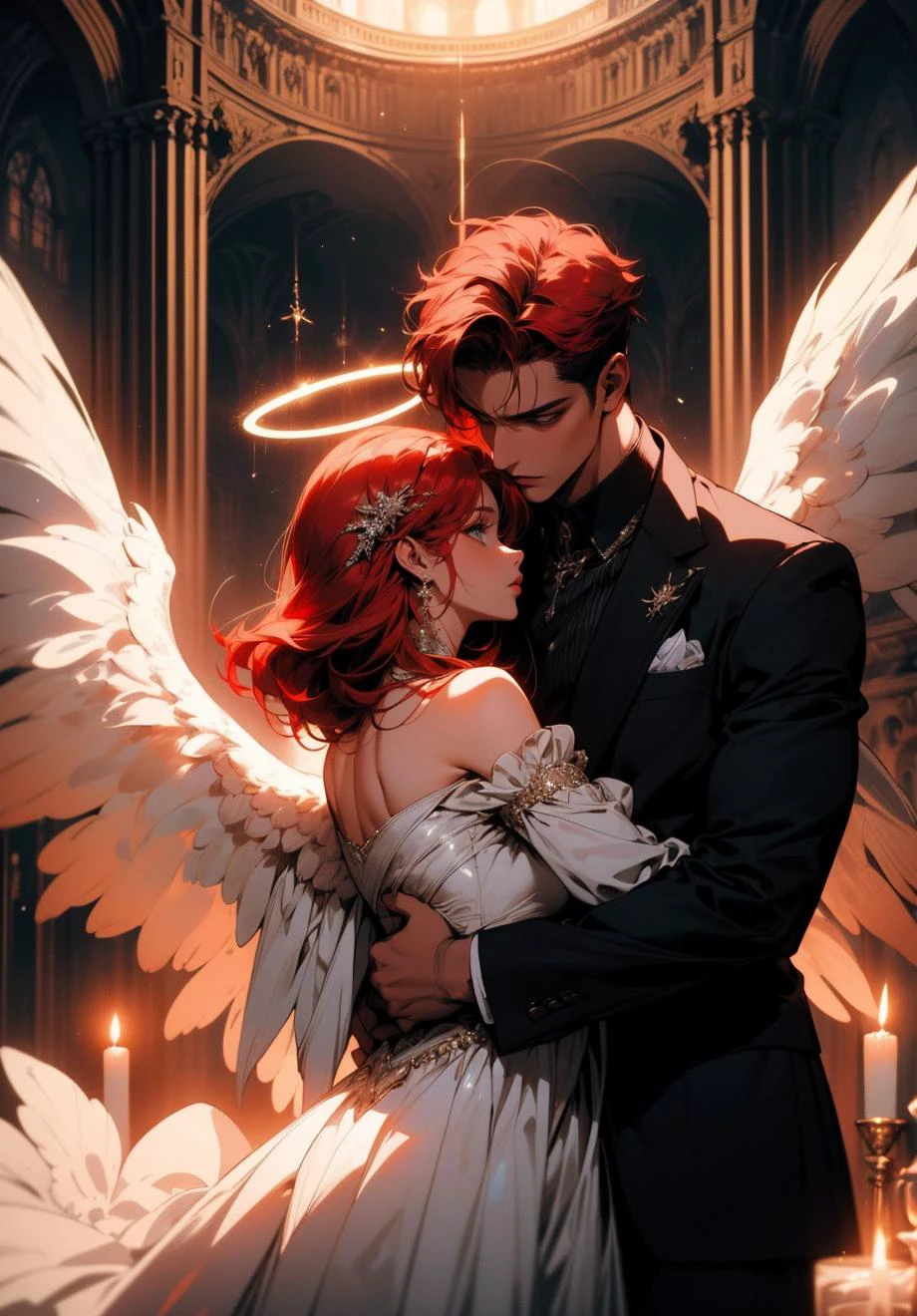 (masterpiece, top quality, best quality, official art, beautiful and aesthetic), (fractal art), (black and white), (a male with red hair and a halo, wearing a suit), (a male embracing a female in all black), (embracing), (tragic), (romantic), large angel wings, dynamic, angel, occult, gloomy, holy,
